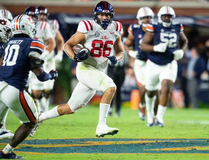 Mississippi Rebels tight end Caden Prieskorn (86) turns upfield after making a catch as Auburn Tigers take on Mississippi Rebels at Jordan-Hare Stadium in Auburn, Ala., on Saturday, Oct. 21, 2023. Mississippi Rebels defeated Auburn Tigers 28-21.